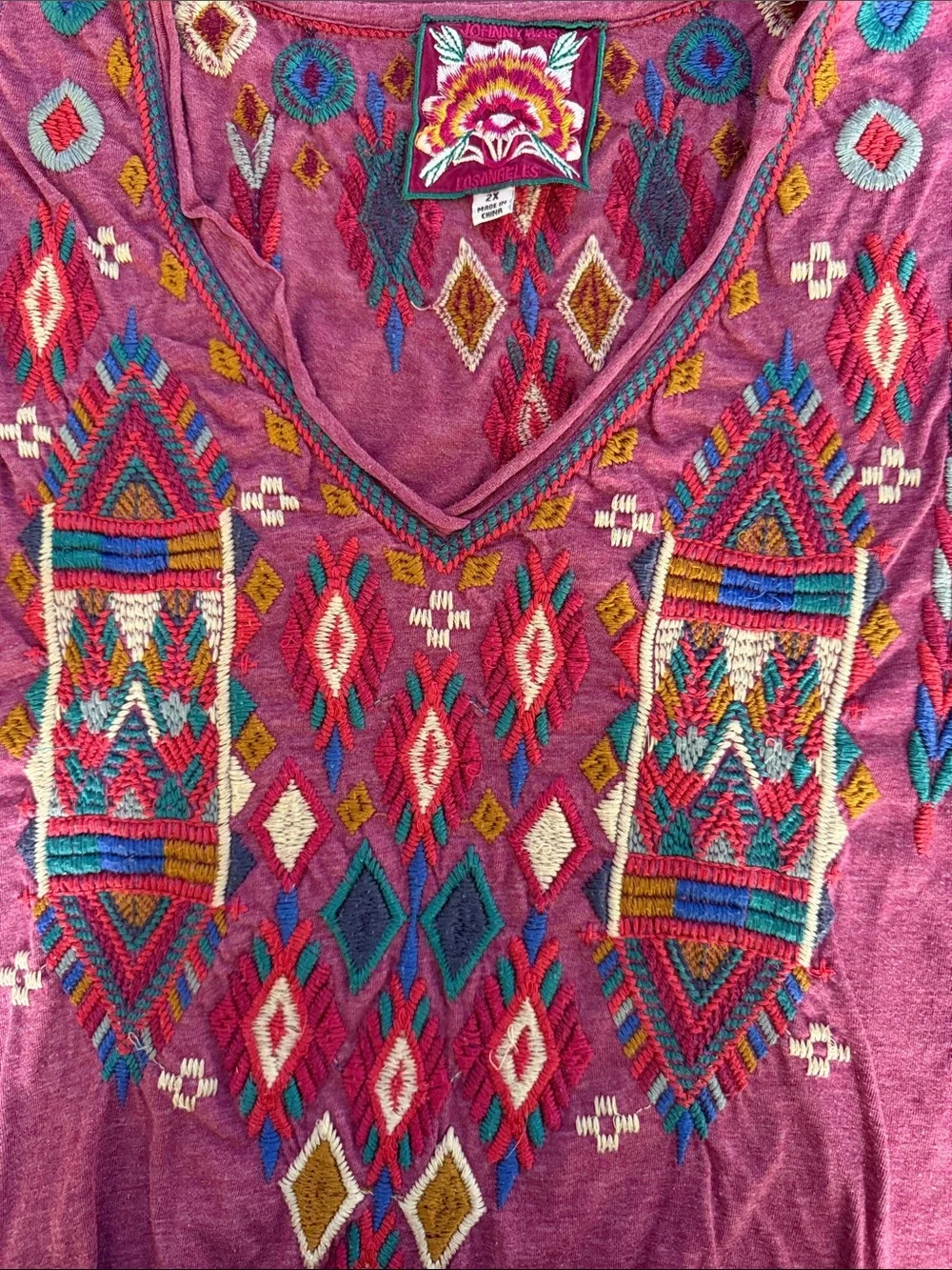 Johnny Was Magenta Pink Embroidered V-Neck Tee - Picture 8 of 9